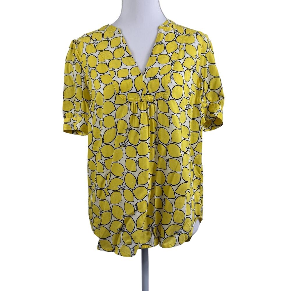 Anthropologie Conversations 3 of 52 Yellow Lemon Print Blouse Size 0 Relaxed Fit